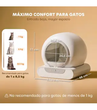 Arenero Gatos Autolimpiable 65L Control APP sin Olores Antifugas Sensores de Seguridad Entrada Baja Bolsas de Basura