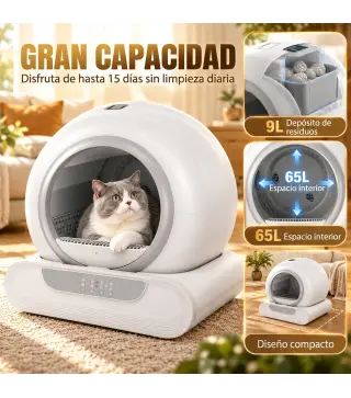 Arenero Gatos Autolimpiable 65L Control APP sin Olores Antifugas Sensores de Seguridad Entrada Baja Bolsas de Basura
