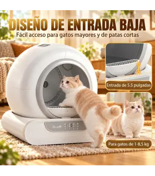 Arenero Gatos Autolimpiable 65L Control APP sin Olores Antifugas Sensores de Seguridad Entrada Baja Bolsas de Basura