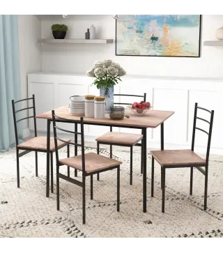 Conjunto de Comedor 5 Piezas Juego de 1 Mesa y 4 Sillas con Pies Acero para Cocina 110x70x75 cm Madera Natural y Negro