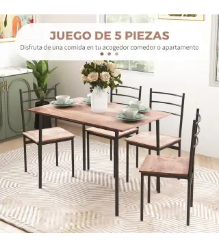 Conjunto de Comedor 5 Piezas Juego de 1 Mesa y 4 Sillas con Pies Acero para Cocina 110x70x75 cm Madera Natural y Negro