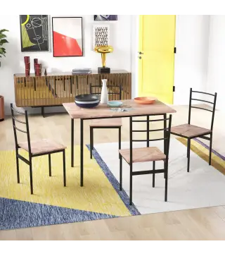 Conjunto de Comedor 5 Piezas Juego de 1 Mesa y 4 Sillas con Pies Acero para Cocina 110x70x75 cm Madera Natural y Negro