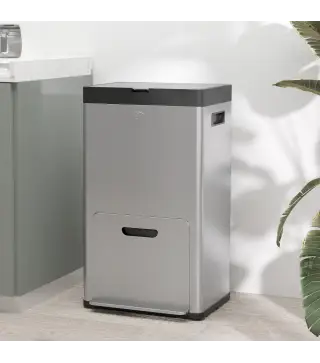 Cubo de Basura de Cocina 3 Compartimentos 2x18L+20 L (56 L) de Acero Inoxidable con Ruedas Tapa de Cierre Suave Plata