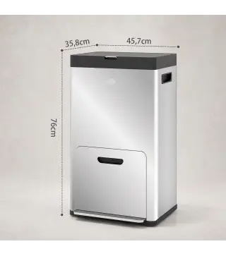 Cubo de Basura de Cocina 3 Compartimentos 2x18L+20 L (56 L) de Acero Inoxidable con Ruedas Tapa de Cierre Suave Plata