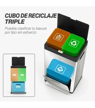 Cubo de Basura de Cocina 3 Compartimentos 2x18L+20 L (56 L) de Acero Inoxidable con Ruedas Tapa de Cierre Suave Plata