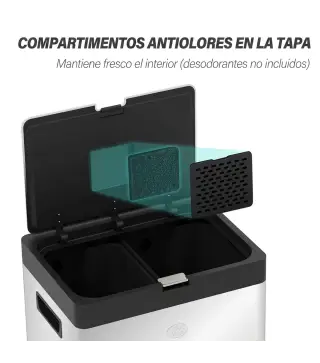 Cubo de Basura de Cocina 3 Compartimentos 2x18L+20 L (56 L) de Acero Inoxidable con Ruedas Tapa de Cierre Suave Plata