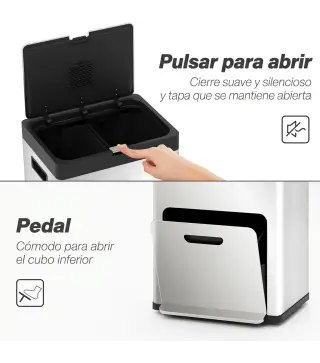 Cubo de Basura de Cocina 3 Compartimentos 2x18L+20 L (56 L) de Acero Inoxidable con Ruedas Tapa de Cierre Suave Plata