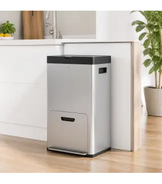 Cubo de Basura de Cocina 3 Compartimentos 2x18L+20 L (56 L) de Acero Inoxidable con Ruedas Tapa de Cierre Suave Plata