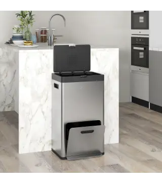 Cubo de Basura de Cocina 3 Compartimentos 2x18L+20 L (56 L) de Acero Inoxidable con Ruedas Tapa de Cierre Suave Plata