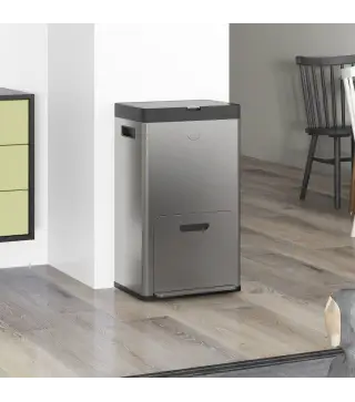 Cubo de Basura de Cocina 3 Compartimentos 2x18L+20 L (56 L) de Acero Inoxidable con Ruedas Tapa de Cierre Suave Plata
