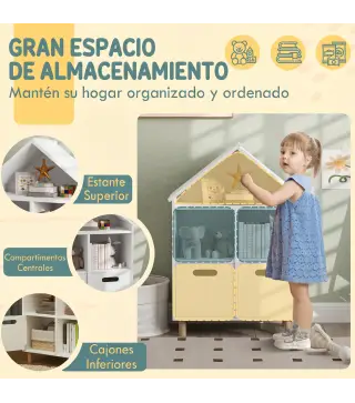 Librería Infantil de 3 Niveles Forma Casa con 3 Estantes y 2 Armarios para Guardería para Niños de 3 a 8 Años Blanco