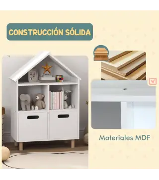 Librería Infantil de 3 Niveles Forma Casa con 3 Estantes y 2 Armarios para Guardería para Niños de 3 a 8 Años Blanco
