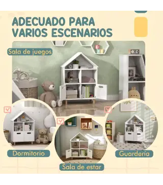 Librería Infantil de 3 Niveles Forma Casa con 3 Estantes y 2 Armarios para Guardería para Niños de 3 a 8 Años Blanco