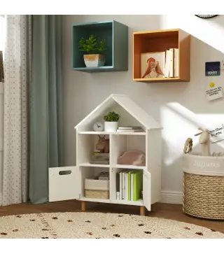 Librería Infantil de 3 Niveles Forma Casa con 3 Estantes y 2 Armarios para Guardería para Niños de 3 a 8 Años Blanco