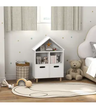 Librería Infantil de 3 Niveles Forma Casa con 3 Estantes y 2 Armarios para Guardería para Niños de 3 a 8 Años Blanco