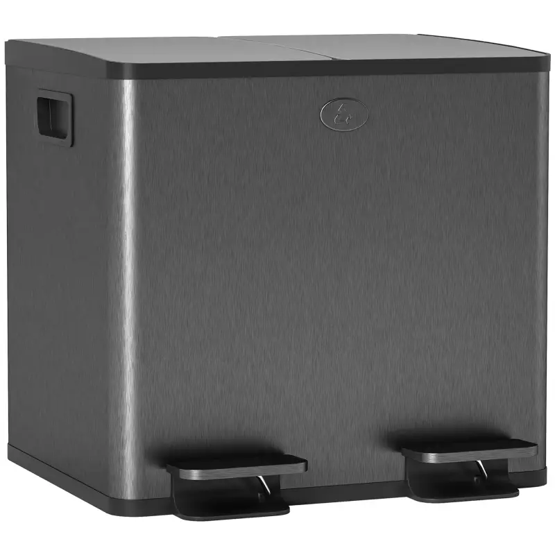 Papelera Cocina de Acero Inoxidable con 2 Compartimentos 2x15L Pedal Tapas de Cierre Suave y Cubo Extraíble Negro