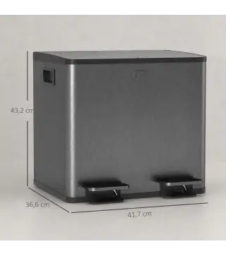 Papelera Cocina de Acero Inoxidable con 2 Compartimentos 2x15L Pedal Tapas de Cierre Suave y Cubo Extraíble Negro