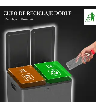 Papelera Cocina de Acero Inoxidable con 2 Compartimentos 2x15L Pedal Tapas de Cierre Suave y Cubo Extraíble Negro