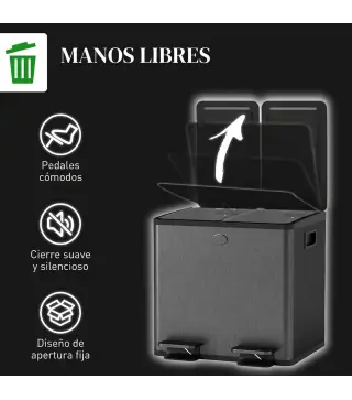 Papelera Cocina de Acero Inoxidable con 2 Compartimentos 2x15L Pedal Tapas de Cierre Suave y Cubo Extraíble Negro