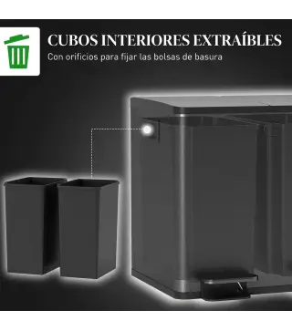 Papelera Cocina de Acero Inoxidable con 2 Compartimentos 2x15L Pedal Tapas de Cierre Suave y Cubo Extraíble Negro