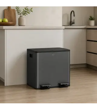 Papelera Cocina de Acero Inoxidable con 2 Compartimentos 2x15L Pedal Tapas de Cierre Suave y Cubo Extraíble Negro