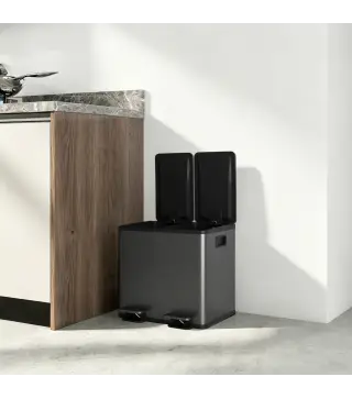 Papelera Cocina de Acero Inoxidable con 2 Compartimentos 2x15L Pedal Tapas de Cierre Suave y Cubo Extraíble Negro