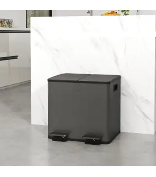 Papelera Cocina de Acero Inoxidable con 2 Compartimentos 2x15L Pedal Tapas de Cierre Suave y Cubo Extraíble Negro