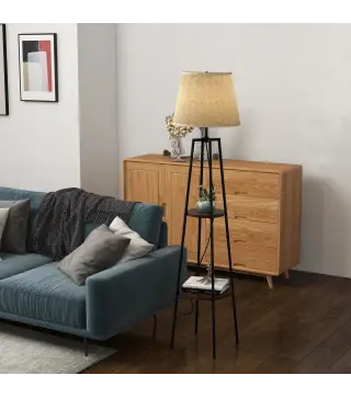 Lámpara de Pie con 2 Estantes de Almacenamiento con Base E27 40W Interruptor de Cadena Pantalla de Tela Marrón
