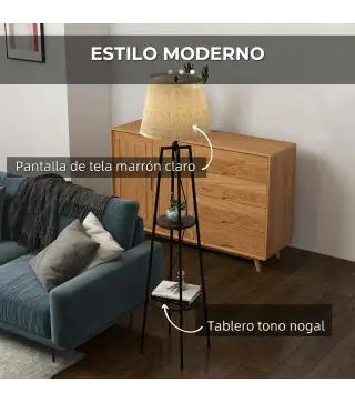 Lámpara de Pie con 2 Estantes de Almacenamiento con Base E27 40W Interruptor de Cadena Pantalla de Tela Marrón