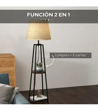 Lámpara de Pie con 2 Estantes de Almacenamiento con Base E27 40W Interruptor de Cadena Pantalla de Tela Marrón