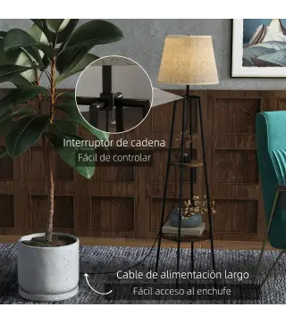 Lámpara de Pie con 2 Estantes de Almacenamiento con Base E27 40W Interruptor de Cadena Pantalla de Tela Marrón