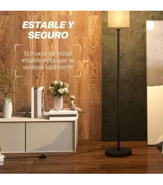 Lámpara de Pie con Pantalla de Efecto Lino Base E27, 40W Interruptor de Pedal para Dormitorio Oficina Negro