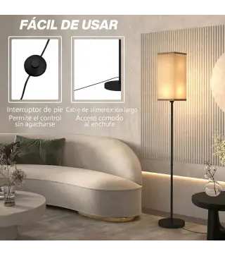 Lámpara de Pie con Pantalla de Efecto Lino Base E27, 40W Interruptor de Pedal para Dormitorio Oficina Negro