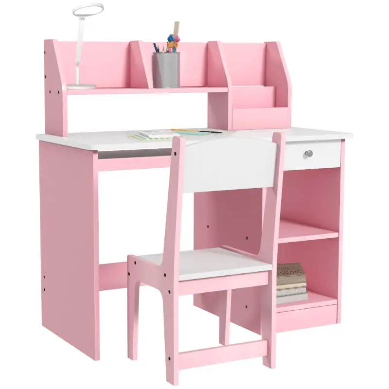 Escritorio y Silla para Niños con Almacenaje para Estudio Lectura y Juegos Mesa 90x45x90 cm y Silla 35x31,5x65 cm Rosa