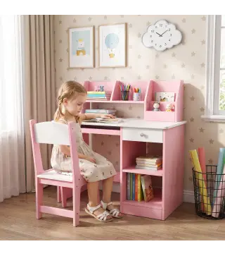 Escritorio y Silla para Niños con Almacenaje para Estudio Lectura y Juegos Mesa 90x45x90 cm y Silla 35x31,5x65 cm Rosa