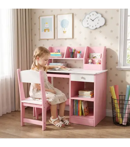 Escritorio y Silla para Niños con Almacenaje para Estudio Lectura y Juegos Mesa 90x45x90 cm y Silla 35x31,5x65 cm Rosa