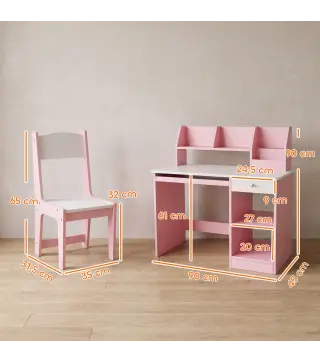 Escritorio y Silla para Niños con Almacenaje para Estudio Lectura y Juegos Mesa 90x45x90 cm y Silla 35x31,5x65 cm Rosa