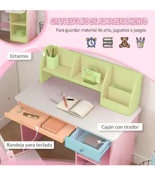 Escritorio y Silla para Niños con Almacenaje para Estudio Lectura y Juegos Mesa 90x45x90 cm y Silla 35x31,5x65 cm Rosa