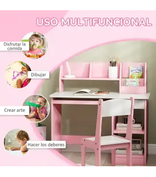 Escritorio y Silla para Niños con Almacenaje para Estudio Lectura y Juegos Mesa 90x45x90 cm y Silla 35x31,5x65 cm Rosa