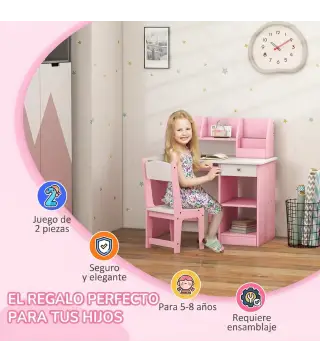 Escritorio y Silla para Niños con Almacenaje para Estudio Lectura y Juegos Mesa 90x45x90 cm y Silla 35x31,5x65 cm Rosa
