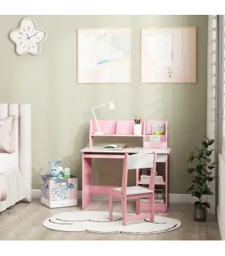 Escritorio y Silla para Niños con Almacenaje para Estudio Lectura y Juegos Mesa 90x45x90 cm y Silla 35x31,5x65 cm Rosa
