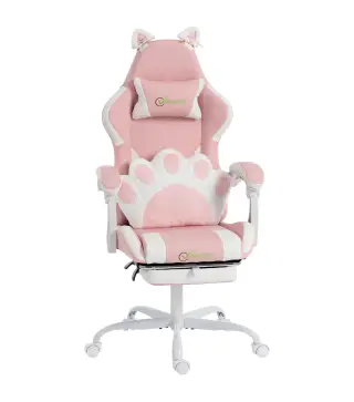 Silla Gaming con Orejas de Gato Respaldo Reclinable 90-135° Reposapiés Extraíble Cojín Lumbar y Reposacabezas Rosa