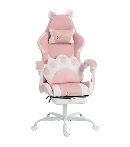 Silla Gaming con Orejas de Gato Respaldo Reclinable 90-135° Reposapiés Extraíble Cojín Lumbar y Reposacabezas Rosa