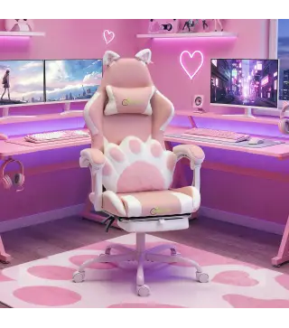 Silla Gaming con Orejas de Gato Respaldo Reclinable 90-135° Reposapiés Extraíble Cojín Lumbar y Reposacabezas Rosa