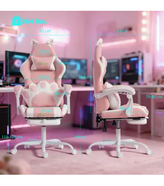 Silla Gaming con Orejas de Gato Respaldo Reclinable 90-135° Reposapiés Extraíble Cojín Lumbar y Reposacabezas Rosa