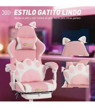 Silla Gaming con Orejas de Gato Respaldo Reclinable 90-135° Reposapiés Extraíble Cojín Lumbar y Reposacabezas Rosa