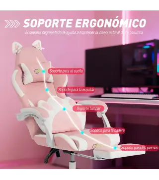 Silla Gaming con Orejas de Gato Respaldo Reclinable 90-135° Reposapiés Extraíble Cojín Lumbar y Reposacabezas Rosa