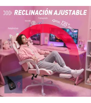 Silla Gaming con Orejas de Gato Respaldo Reclinable 90-135° Reposapiés Extraíble Cojín Lumbar y Reposacabezas Rosa