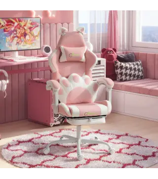 Silla Gaming con Orejas de Gato Respaldo Reclinable 90-135° Reposapiés Extraíble Cojín Lumbar y Reposacabezas Rosa