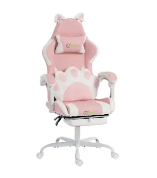 Silla Gaming con Orejas de Gato Respaldo Reclinable 90-135° Reposapiés Extraíble Cojín Lumbar y Reposacabezas Rosa